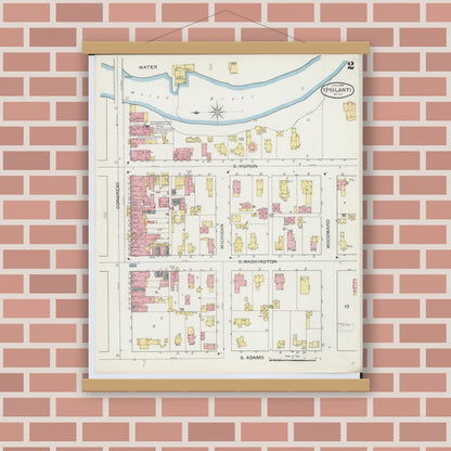 Old map wall art mockup — magnetic wood frame on brick wall — Sanborn Fire Insurance Map from Ypsilanti, Washtenaw County, Michigan (1893), Sheet #0002