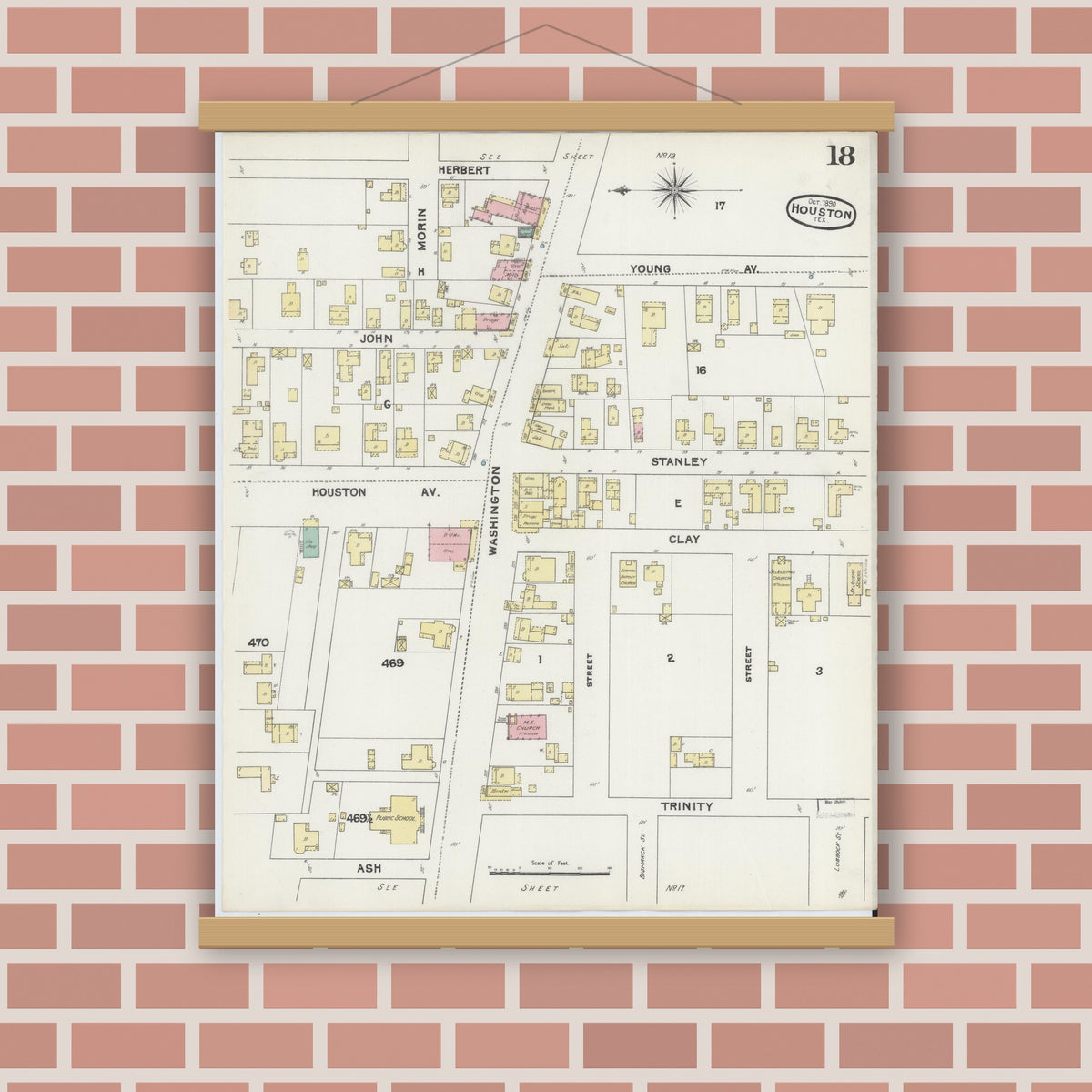 Old map wall art mockup — magnetic wood frame on brick wall — Sanborn Fire Insurance Map from Houston, Harris County, Texas (1890), Sheet #0018