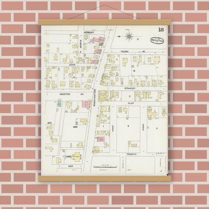 Old map wall art mockup — magnetic wood frame on brick wall — Sanborn Fire Insurance Map from Houston, Harris County, Texas (1890), Sheet #0018
