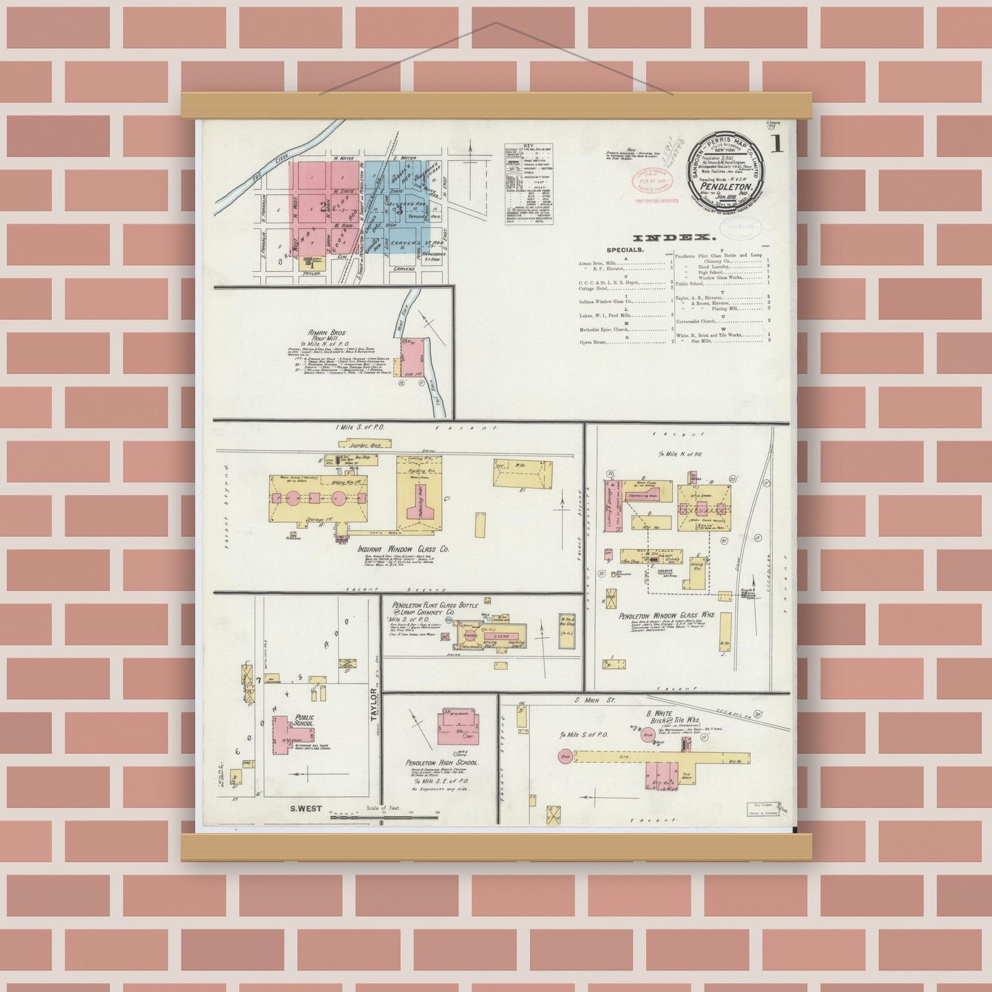 Old map wall art mockup — magnetic wood frame on brick wall — Sanborn Fire Insurance Map from Pendleton, Madison County, Indiana (1898) - Complete Map Set