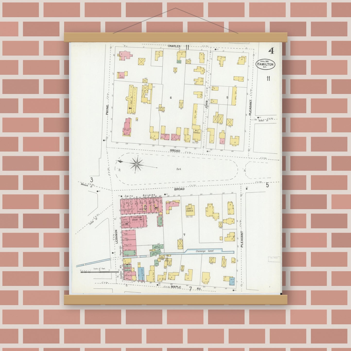 Old map wall art mockup — magnetic wood frame on brick wall — Sanborn Fire Insurance Map from Hamilton, Madison County, New York (1901), Sheet #0004