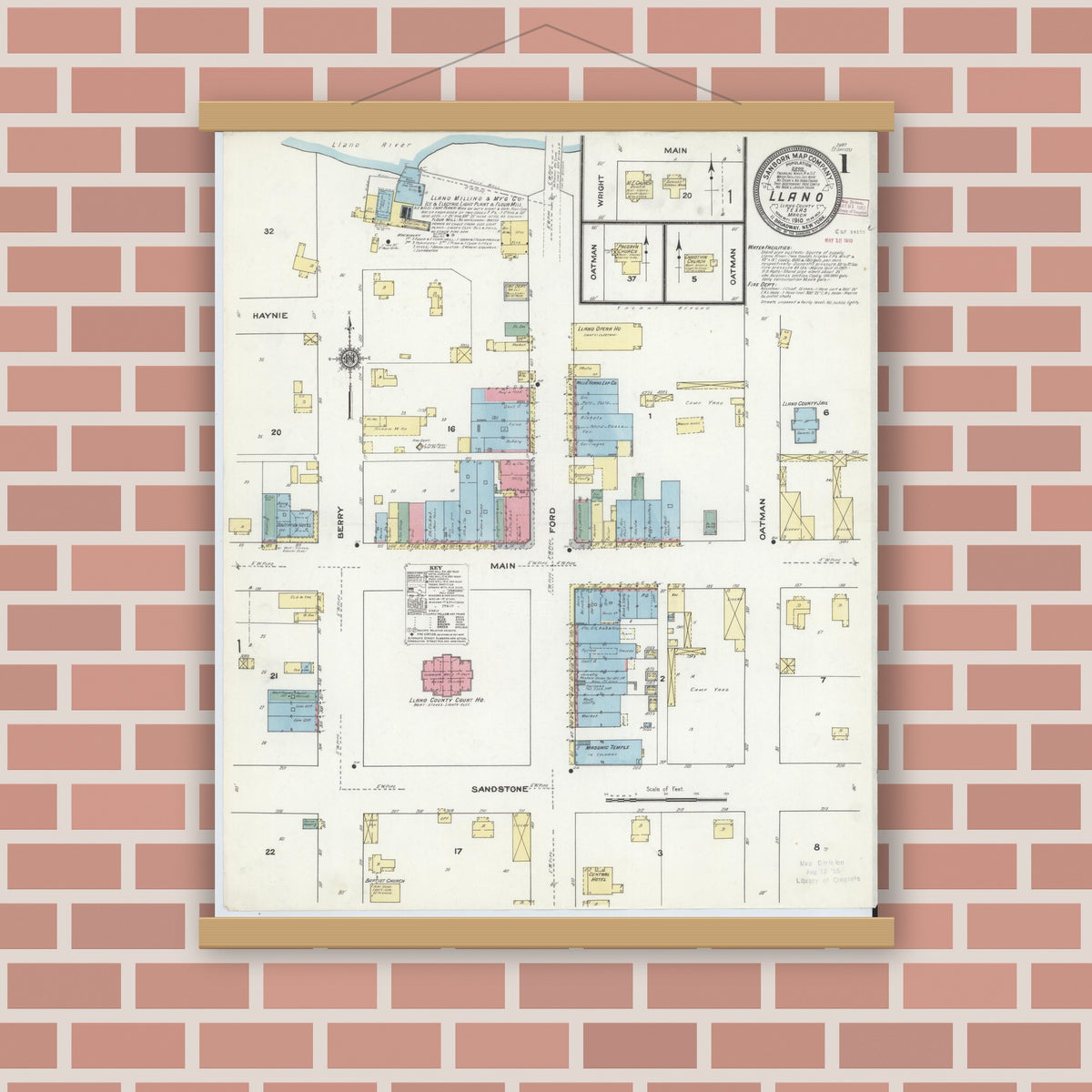 Old map wall art mockup — magnetic wood frame on brick wall — Sanborn Fire Insurance Map from Llano, Llano County, Texas (1910) - Complete Map Set