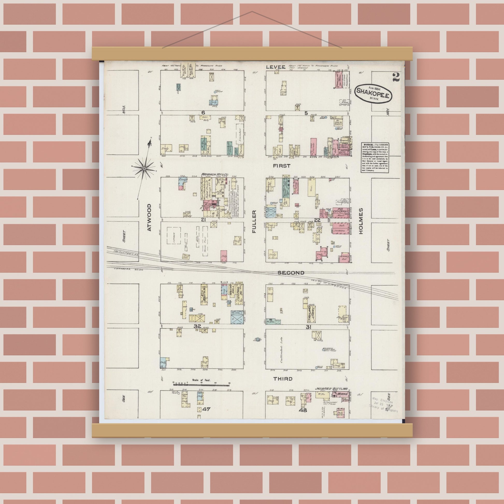 Old map wall art mockup — magnetic wood frame on brick wall — Sanborn Fire Insurance Map from Shakopee, Scott County, Minnesota (1884), Sheet #0002