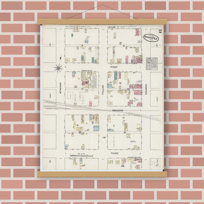 Old map wall art mockup — magnetic wood frame on brick wall — Sanborn Fire Insurance Map from Shakopee, Scott County, Minnesota (1884), Sheet #0002