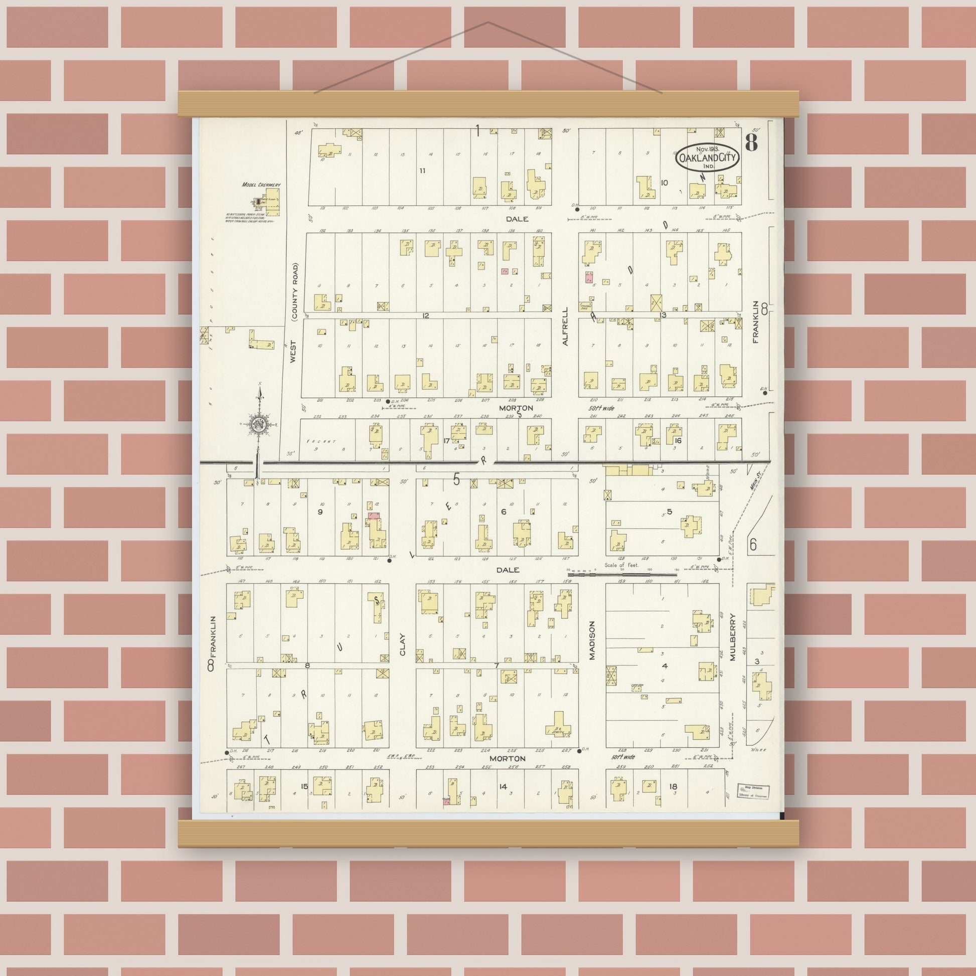 Old map wall art mockup — magnetic wood frame on brick wall — Sanborn Fire Insurance Map from Oakland City, Gibson County, Indiana (1913), Sheet #0008