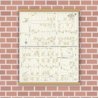 Old map wall art mockup — magnetic wood frame on brick wall — Sanborn Fire Insurance Map from Oakland City, Gibson County, Indiana (1913), Sheet #0008