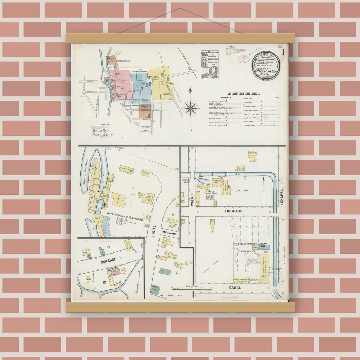 Old map wall art mockup — magnetic wood frame on brick wall — Sanborn Fire Insurance Map from Fayetteville, Onondaga County, New York (1890) - Complete Map Set