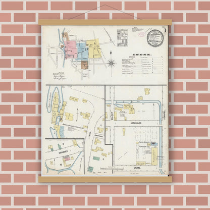 Old map wall art mockup — magnetic wood frame on brick wall — Sanborn Fire Insurance Map from Fayetteville, Onondaga County, New York (1890) - Complete Map Set