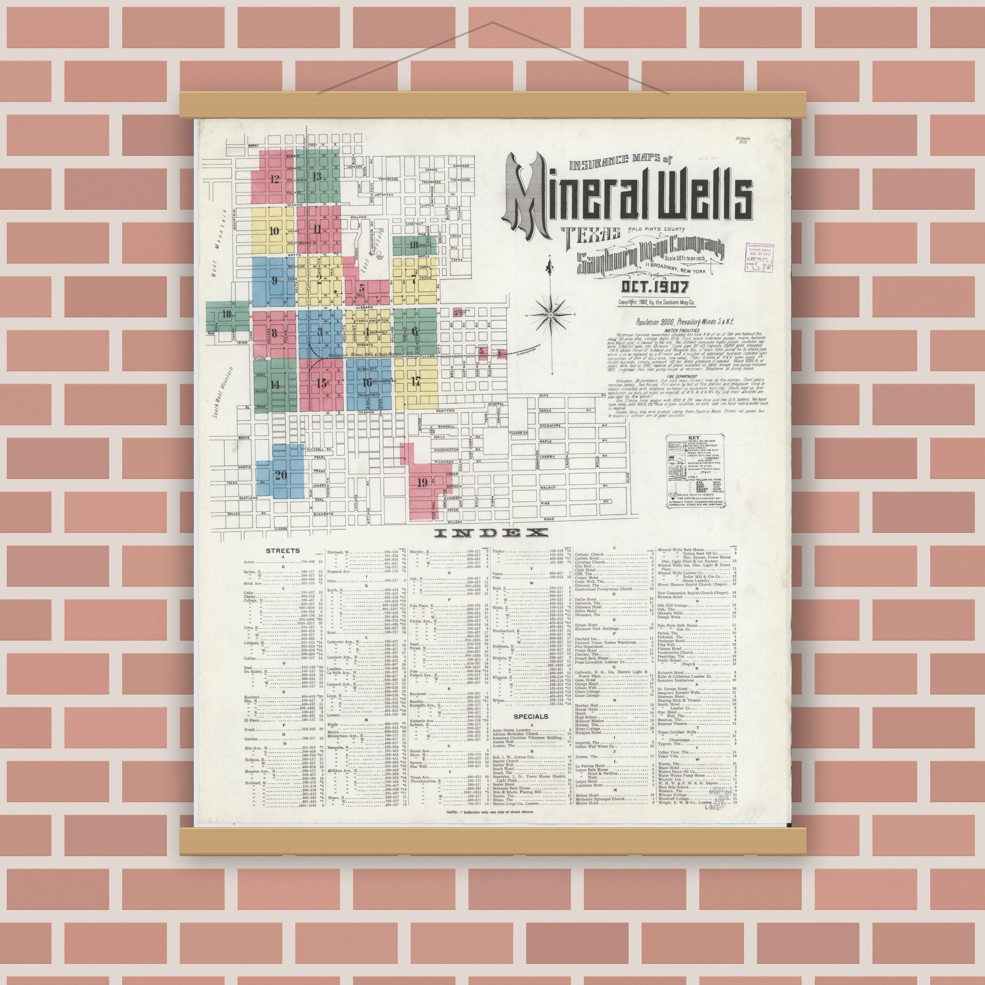 Old map wall art mockup — magnetic wood frame on brick wall — Sanborn Fire Insurance Map from Mineral Wells, Palo Pinto County, Texas (1907), Sheet #0001
