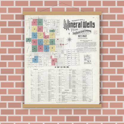 Old map wall art mockup — magnetic wood frame on brick wall — Sanborn Fire Insurance Map from Mineral Wells, Palo Pinto County, Texas (1907), Sheet #0001