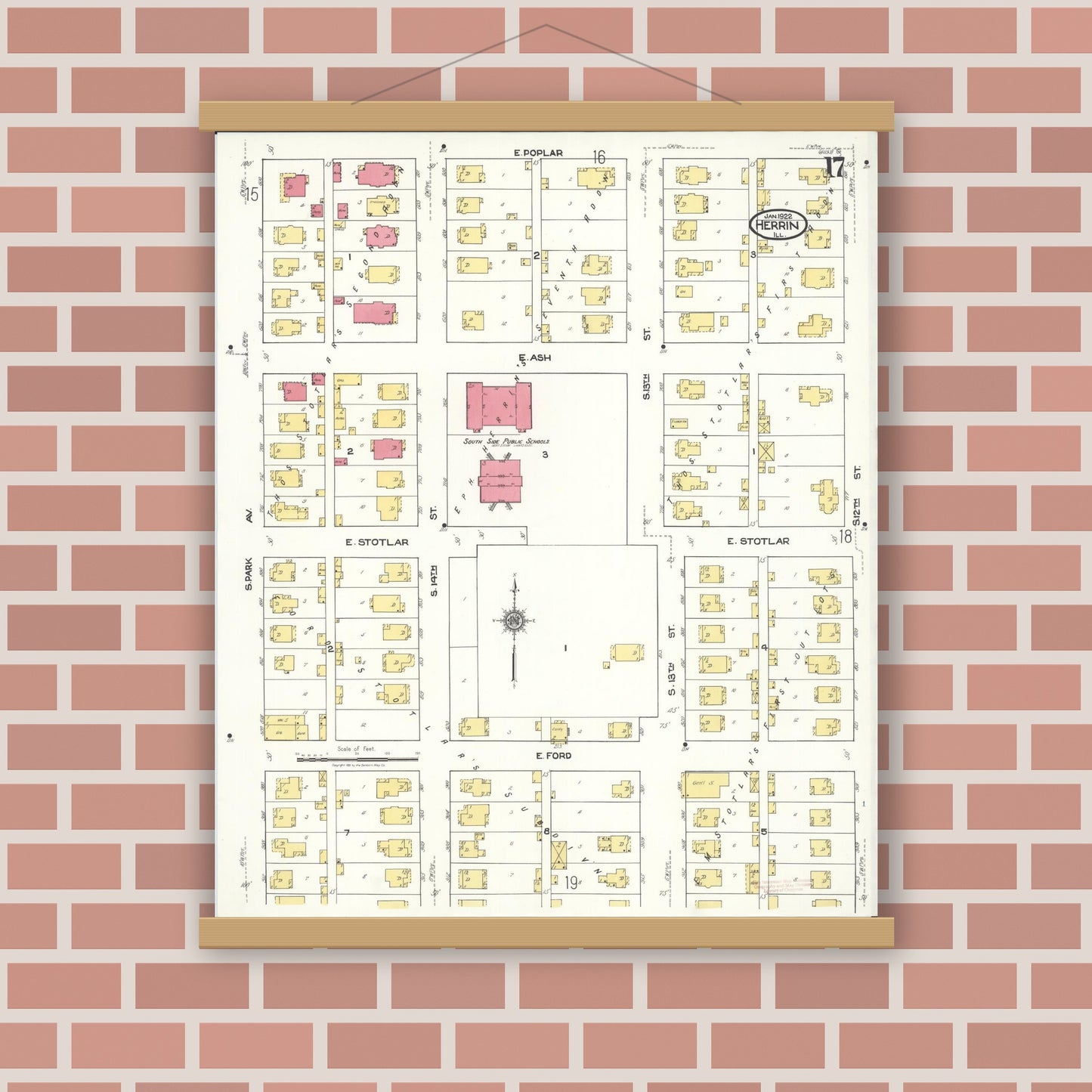 Old map wall art mockup — magnetic wood frame on brick wall — Sanborn Fire Insurance Map from Herrin, Williamson County, Illinois (1922), Sheet #0017
