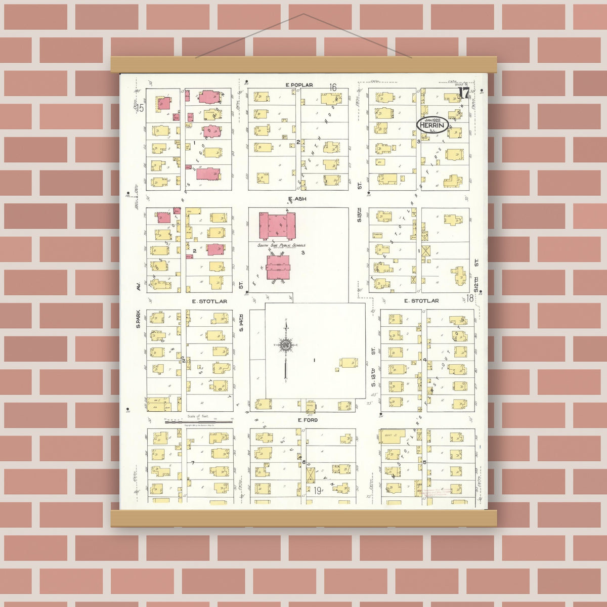 Old map wall art mockup — magnetic wood frame on brick wall — Sanborn Fire Insurance Map from Herrin, Williamson County, Illinois (1922), Sheet #0017