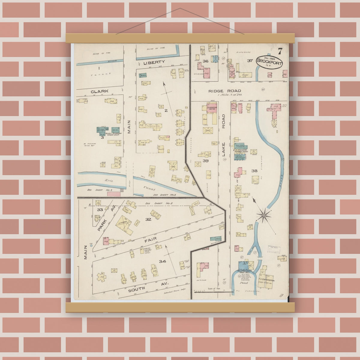 Old map wall art mockup — magnetic wood frame on brick wall — Sanborn Fire Insurance Map from Brockport, Monroe County, New York (1885), Sheet #0007