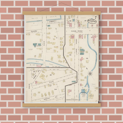 Old map wall art mockup — magnetic wood frame on brick wall — Sanborn Fire Insurance Map from Brockport, Monroe County, New York (1885), Sheet #0007