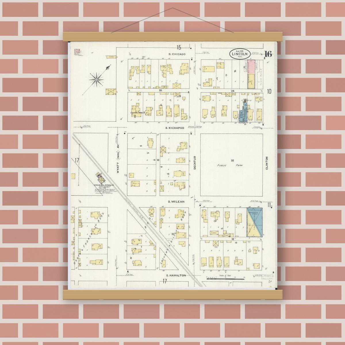 Old map wall art mockup — magnetic wood frame on brick wall — Sanborn Fire Insurance Map from Lincoln, Logan County, Illinois (1909), Sheet #0016