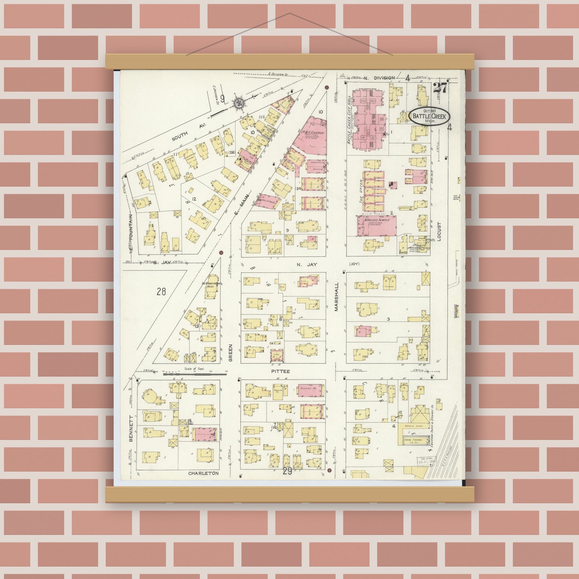 Old map wall art mockup — magnetic wood frame on brick wall — Sanborn Fire Insurance Map from Battle Creek, Calhoun County, Michigan (1913), Sheet #0027