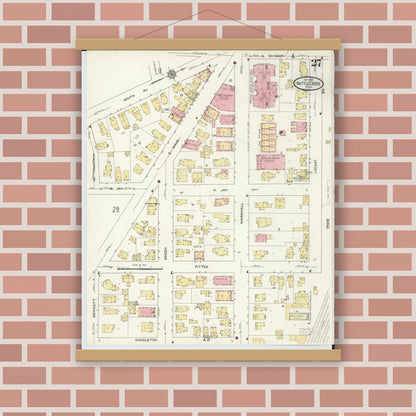 Old map wall art mockup — magnetic wood frame on brick wall — Sanborn Fire Insurance Map from Battle Creek, Calhoun County, Michigan (1913), Sheet #0027