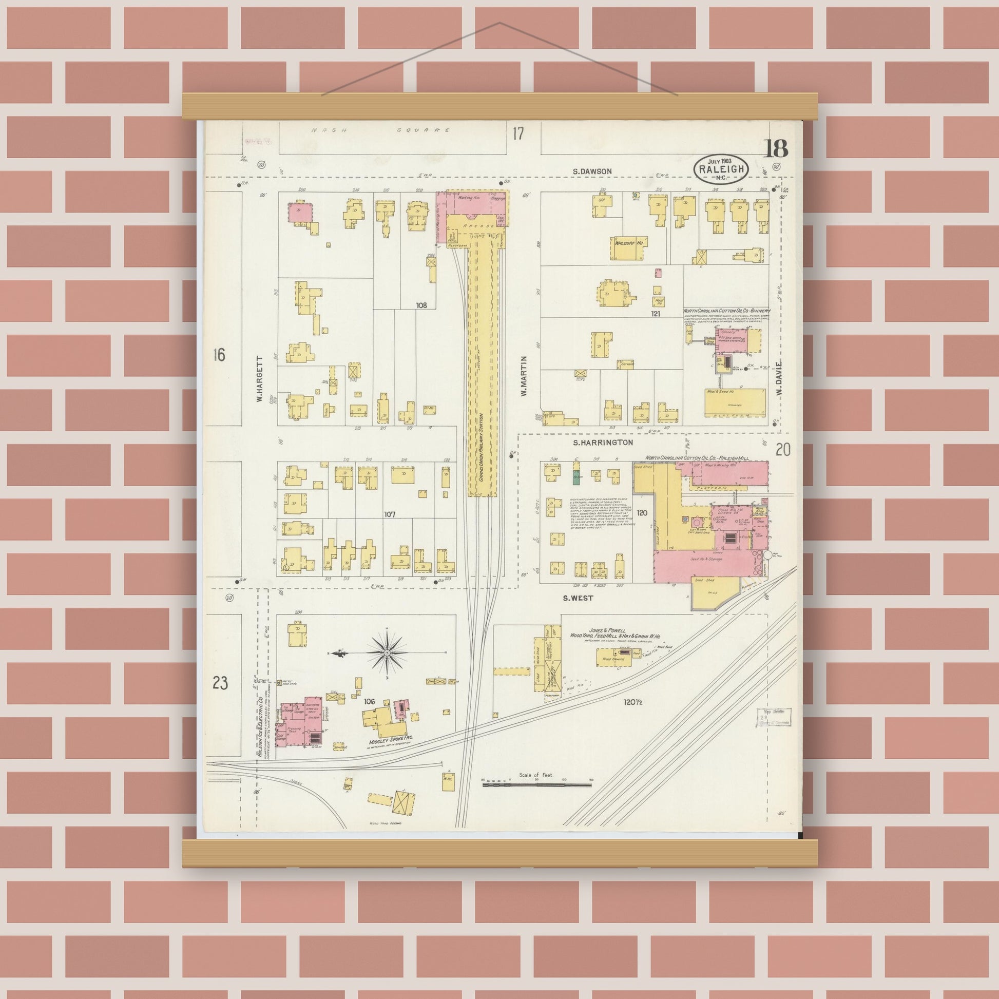 Old map wall art mockup — magnetic wood frame on brick wall — Sanborn Fire Insurance Map from Raleigh, Wake County, North Carolina (1903), Sheet #0018