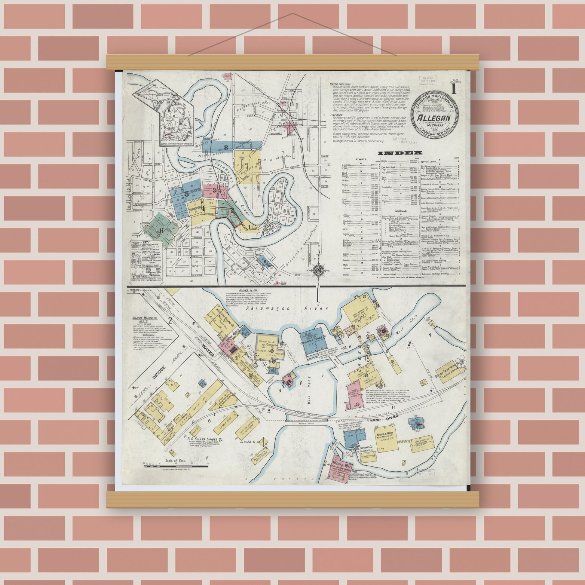 Old map wall art mockup — magnetic wood frame on brick wall — Sanborn Fire Insurance Map from Allegan, Allegan County, Michigan (1918), Sheet #0001