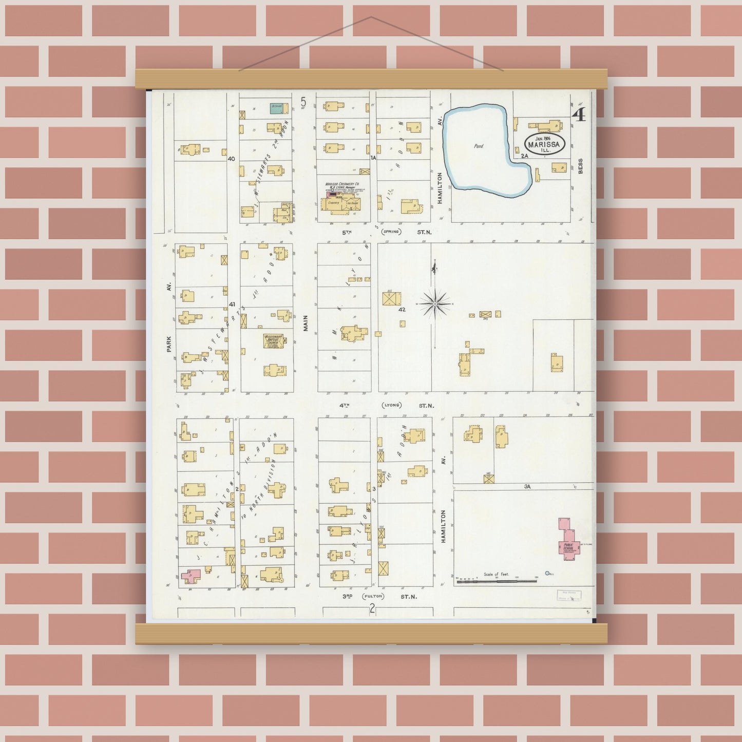 Old map wall art mockup — magnetic wood frame on brick wall — Sanborn Fire Insurance Map from Marissa, Saint Clair County, Illinois (1906), Sheet #0004