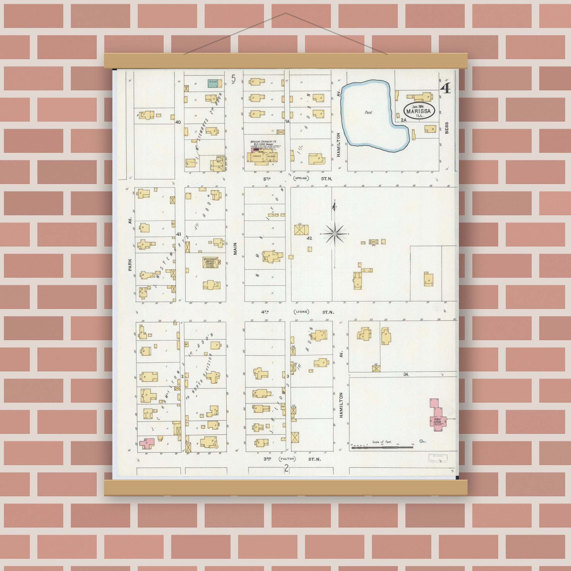 Old map wall art mockup — magnetic wood frame on brick wall — Sanborn Fire Insurance Map from Marissa, Saint Clair County, Illinois (1906), Sheet #0004