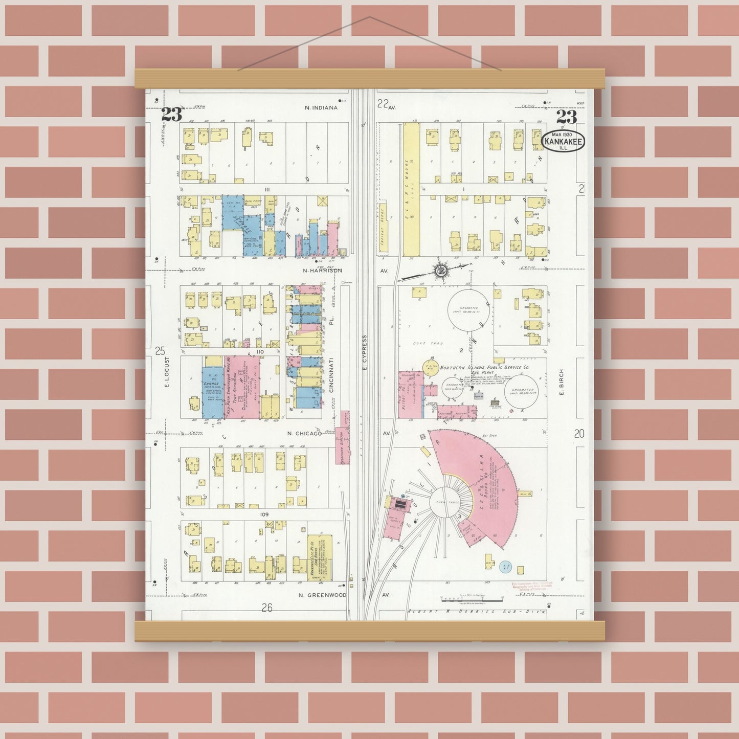 Old map wall art mockup — magnetic wood frame on brick wall — Sanborn Fire Insurance Map from Kankakee, Kankakee County, Illinois (1930), Sheet #0023