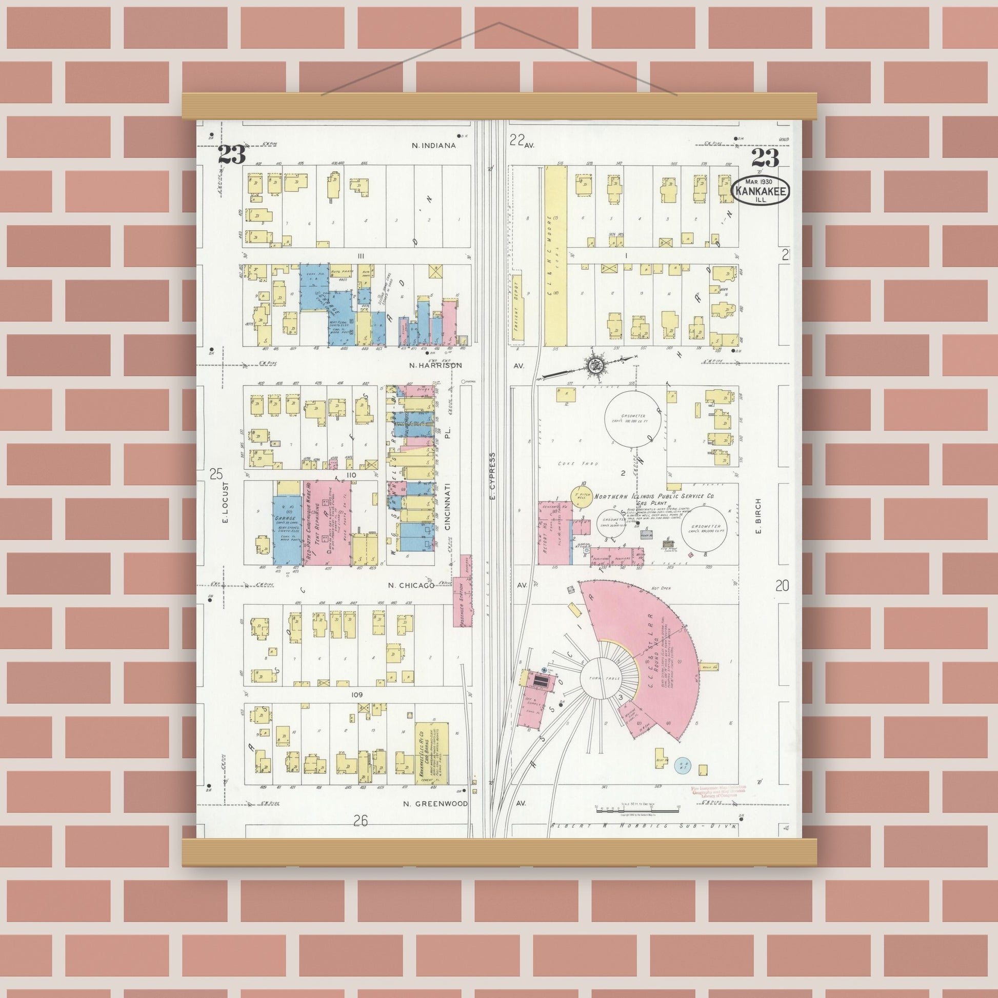 Old map wall art mockup — magnetic wood frame on brick wall — Sanborn Fire Insurance Map from Kankakee, Kankakee County, Illinois (1930), Sheet #0023