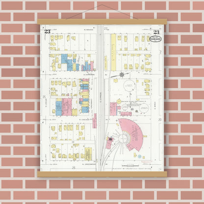 Old map wall art mockup — magnetic wood frame on brick wall — Sanborn Fire Insurance Map from Kankakee, Kankakee County, Illinois (1930), Sheet #0023