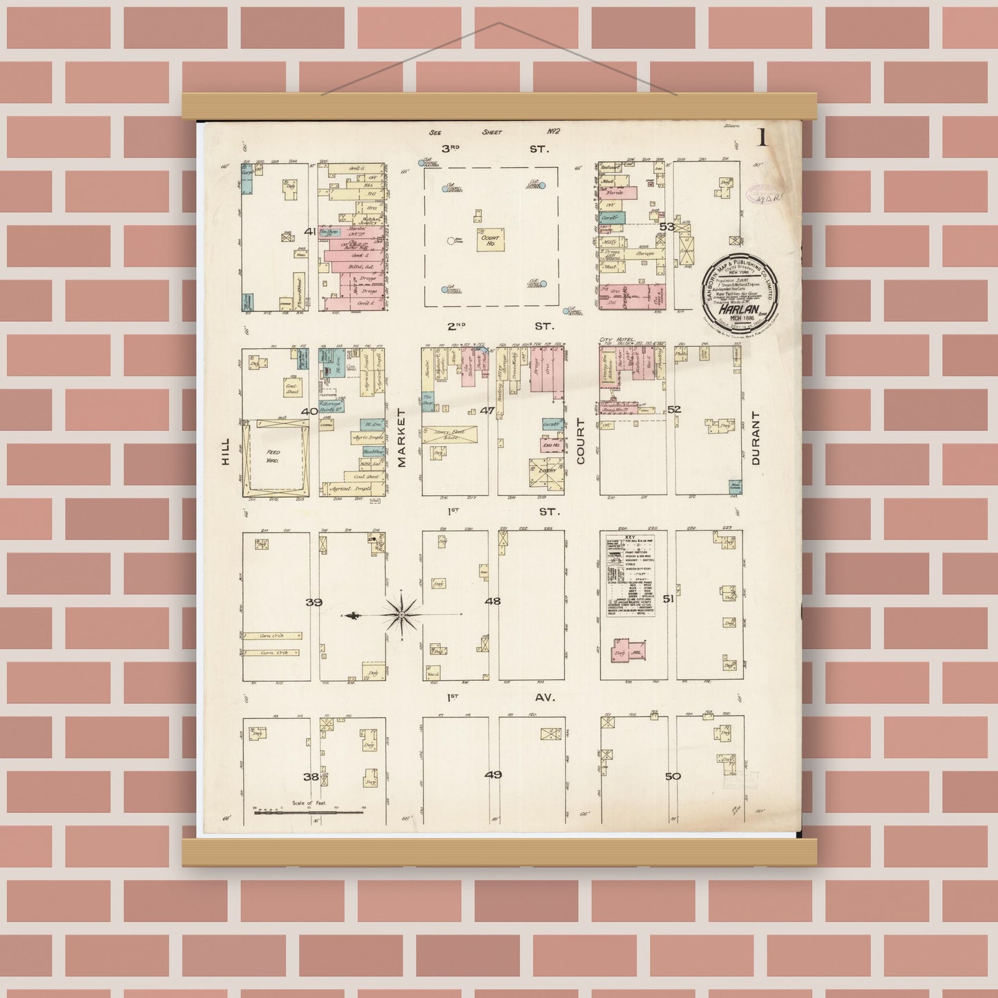 Old map wall art mockup — magnetic wood frame on brick wall — Sanborn Fire Insurance Map from Harlan, Shelby County, Iowa (1886) â€” Complete Set