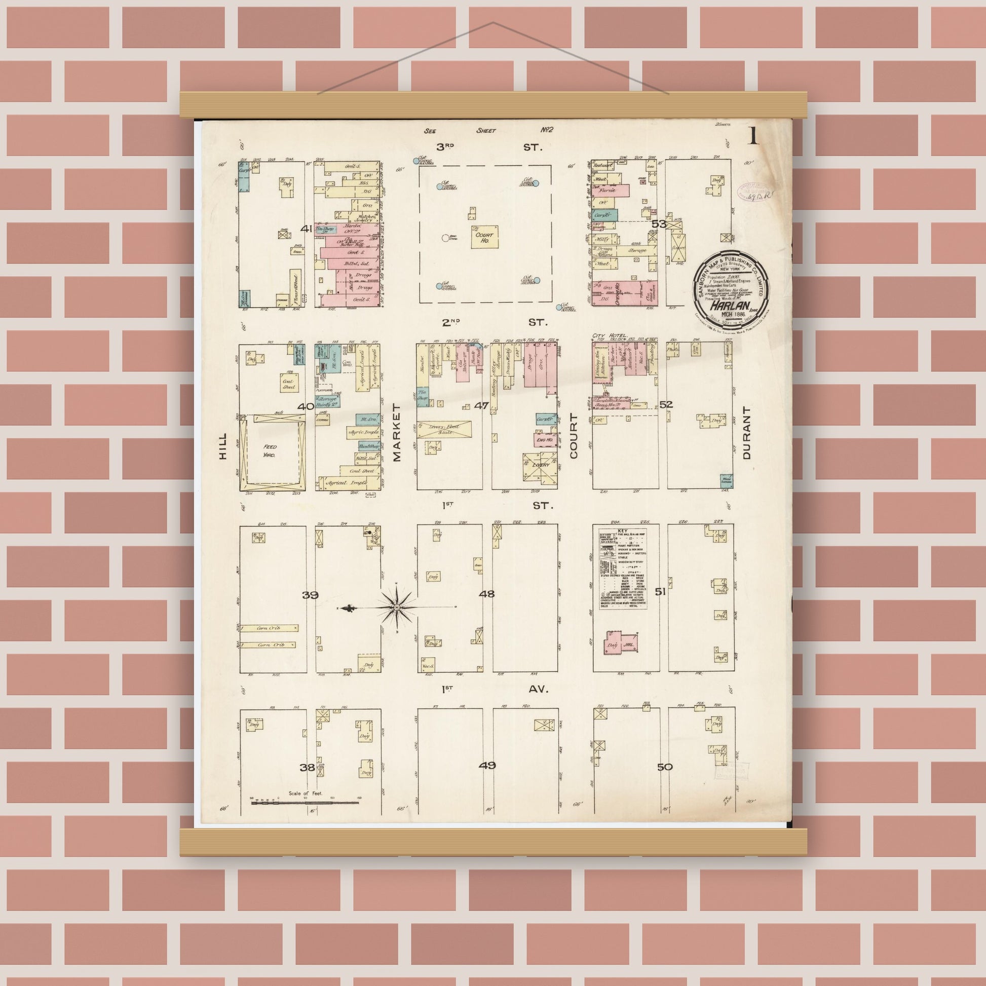 Old map wall art mockup — magnetic wood frame on brick wall — Sanborn Fire Insurance Map from Harlan, Shelby County, Iowa (1886) â€” Complete Set
