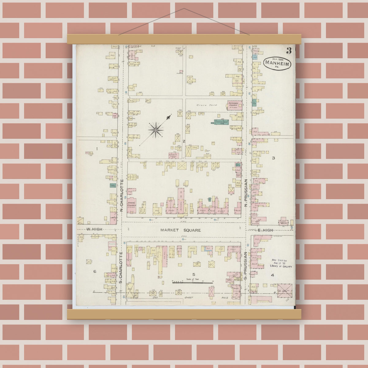 Old map wall art mockup — magnetic wood frame on brick wall — Sanborn Fire Insurance Map from Manheim, Lancaster County, Pennsylvania (1886), Sheet #0003