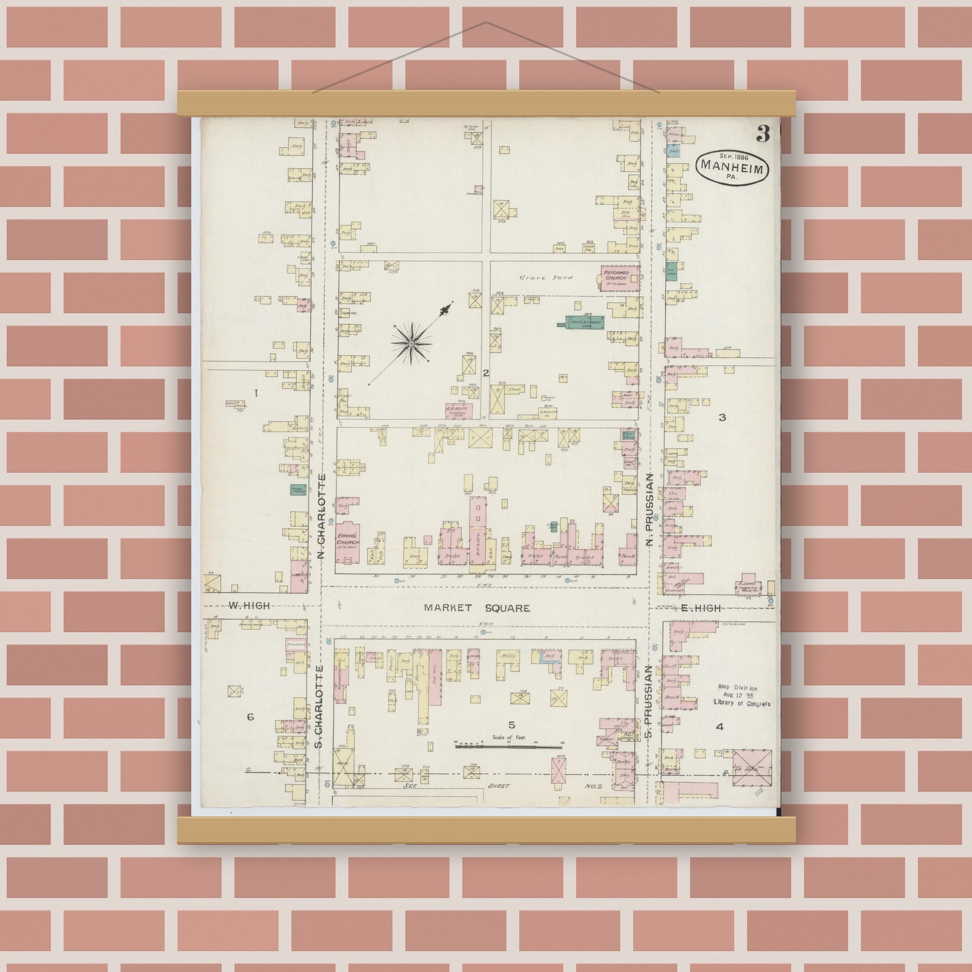 Old map wall art mockup — magnetic wood frame on brick wall — Sanborn Fire Insurance Map from Manheim, Lancaster County, Pennsylvania (1886), Sheet #0003