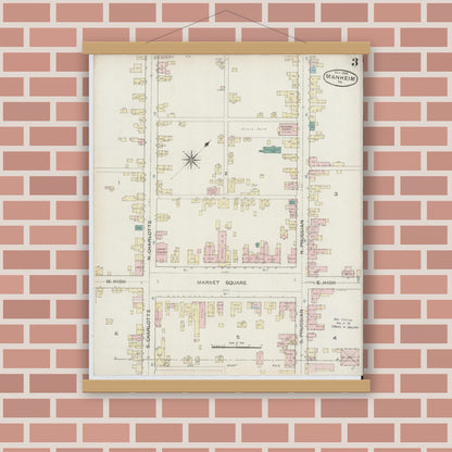 Old map wall art mockup — magnetic wood frame on brick wall — Sanborn Fire Insurance Map from Manheim, Lancaster County, Pennsylvania (1886), Sheet #0003