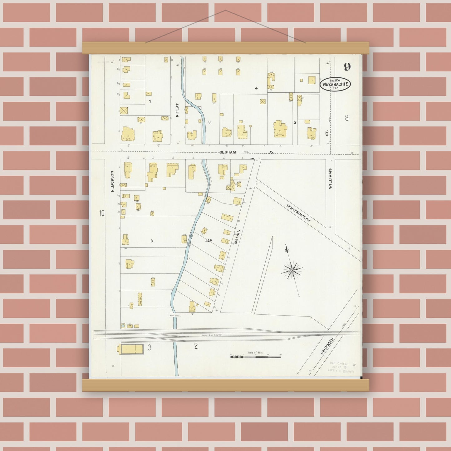 Old map wall art mockup — magnetic wood frame on brick wall — Sanborn Fire Insurance Map from Waxahachie, Ellis County, Texas (1904), Sheet #0009