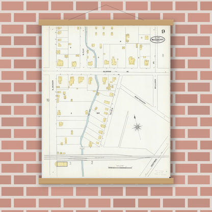 Old map wall art mockup — magnetic wood frame on brick wall — Sanborn Fire Insurance Map from Waxahachie, Ellis County, Texas (1904), Sheet #0009