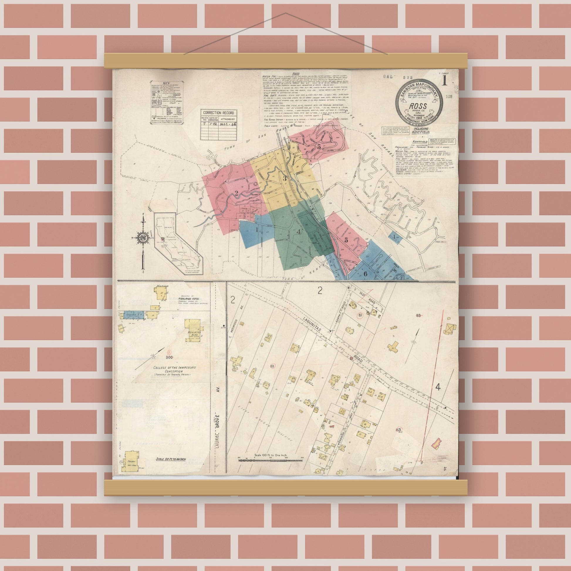 Old map wall art mockup — magnetic wood frame on brick wall — Sanborn Fire Insurance Map from Ross, Marin County, California (1942) - Complete Map Set