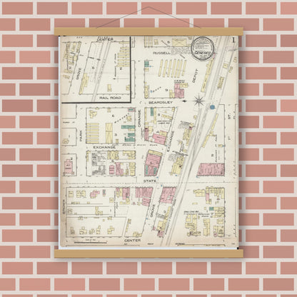Old map wall art mockup — magnetic wood frame on brick wall — Sanborn Fire Insurance Map from Geneseo, Henry County, Illinois (1886) - Complete Map Set