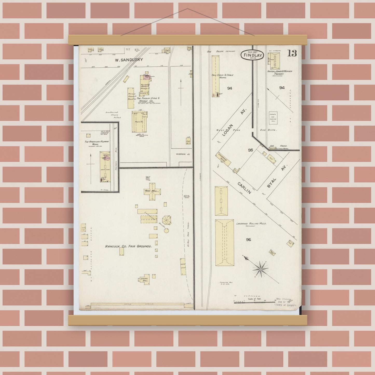 Old map wall art mockup — magnetic wood frame on brick wall — Sanborn Fire Insurance Map from Findlay, Hancock County, Ohio (1887), Sheet #0013
