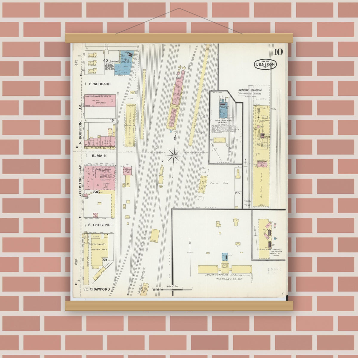 Old map wall art mockup — magnetic wood frame on brick wall — Sanborn Fire Insurance Map from Denison, Grayson County, Texas (1892), Sheet #0010