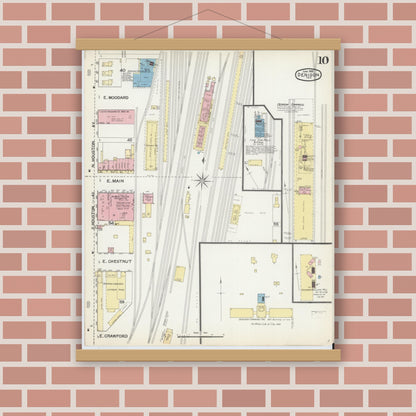 Old map wall art mockup — magnetic wood frame on brick wall — Sanborn Fire Insurance Map from Denison, Grayson County, Texas (1892), Sheet #0010
