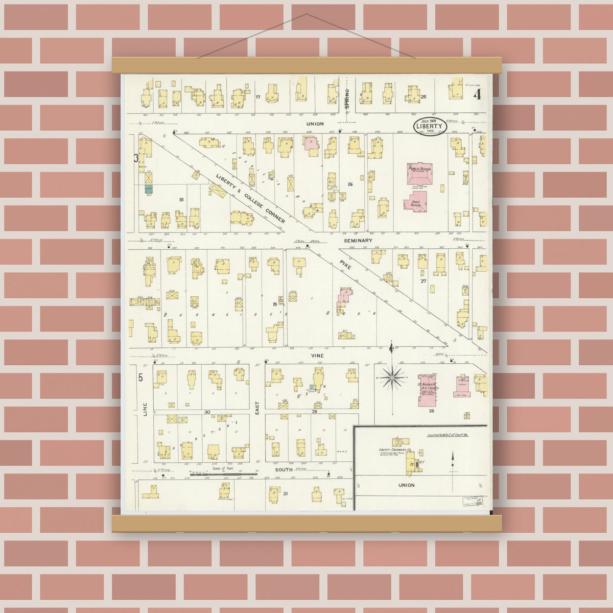 Old map wall art mockup — magnetic wood frame on brick wall — Sanborn Fire Insurance Map from Liberty, Union County, Indiana (1909), Sheet #0004
