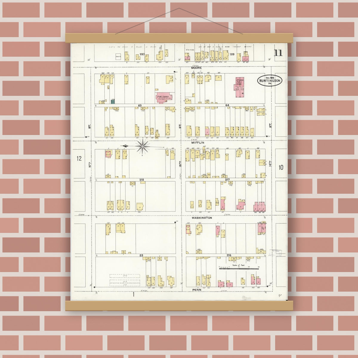 Old map wall art mockup — magnetic wood frame on brick wall — Sanborn Fire Insurance Map from Huntingdon, Huntingdon County, Pennsylvania (1906), Sheet #0011