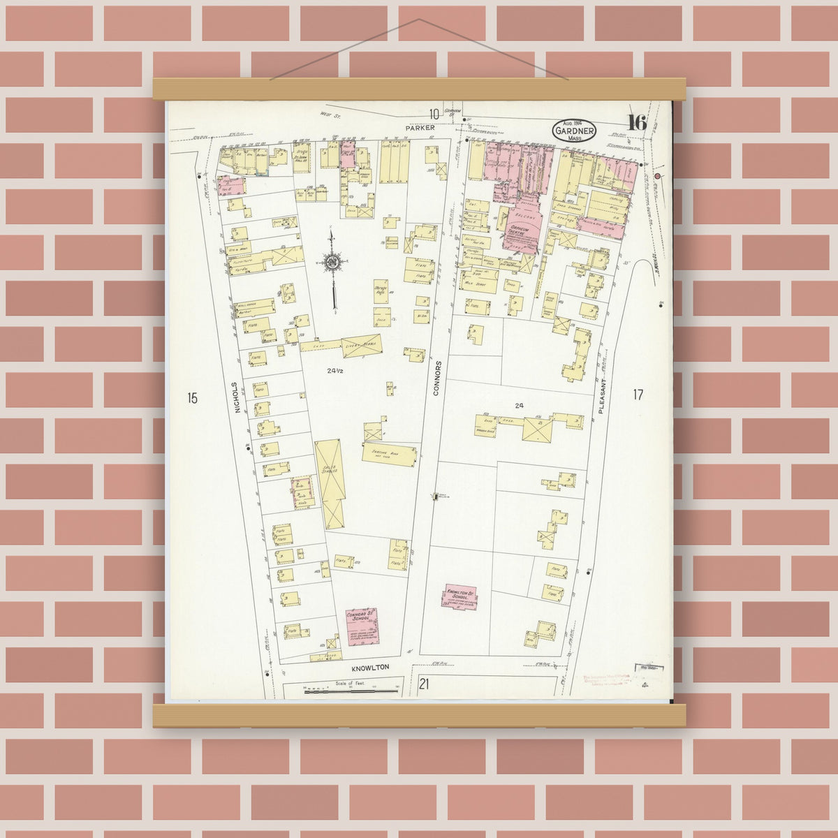 Old map wall art mockup — magnetic wood frame on brick wall — Sanborn Fire Insurance Map from Gardner, Worcester County, Massachusetts (1914), Sheet #0016