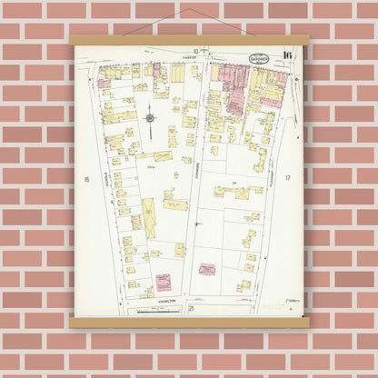 Old map wall art mockup — magnetic wood frame on brick wall — Sanborn Fire Insurance Map from Gardner, Worcester County, Massachusetts (1914), Sheet #0016