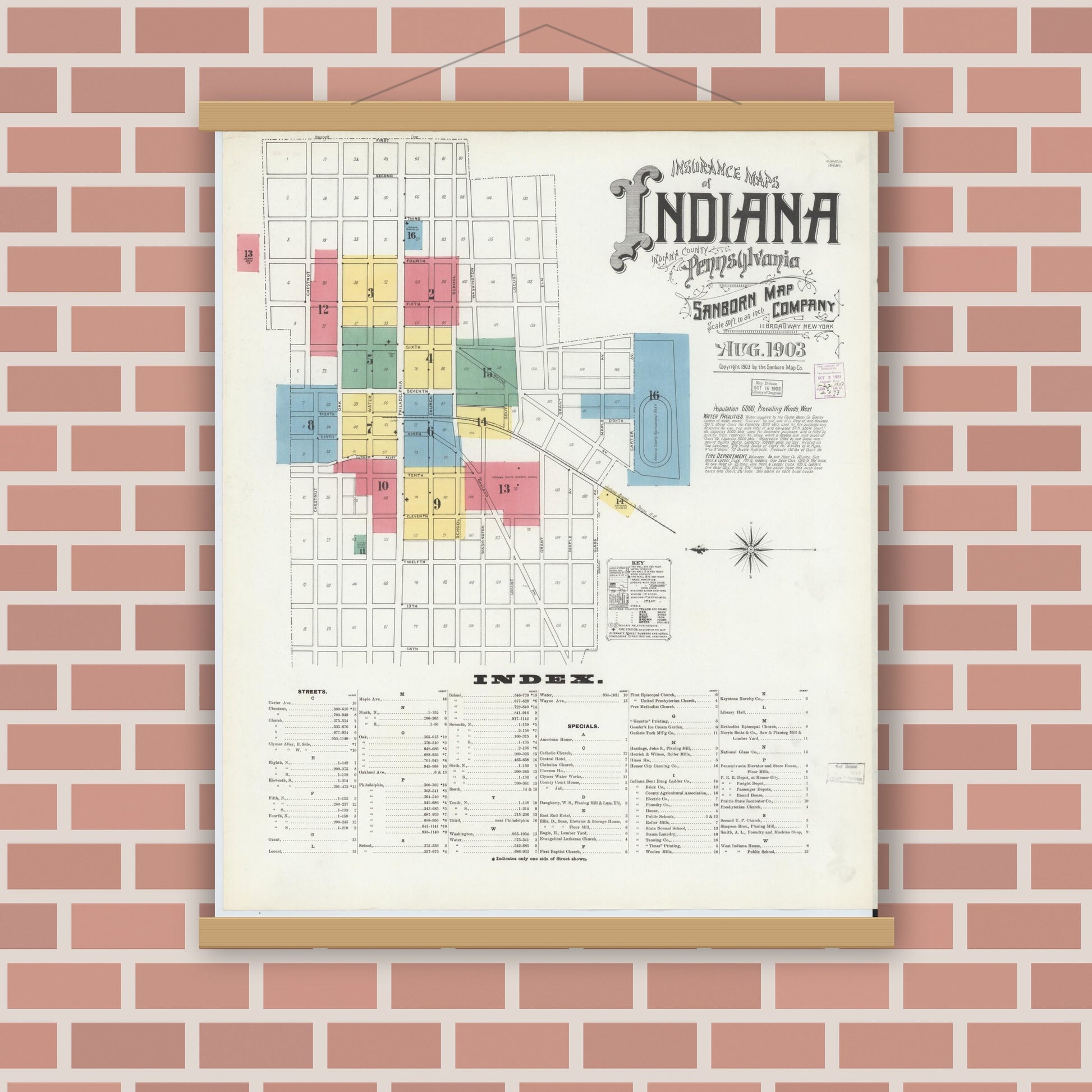 Old map wall art mockup — magnetic wood frame on brick wall — Sanborn Fire Insurance Map from Indiana, Indiana County, Pennsylvania (1903), Sheet #0001
