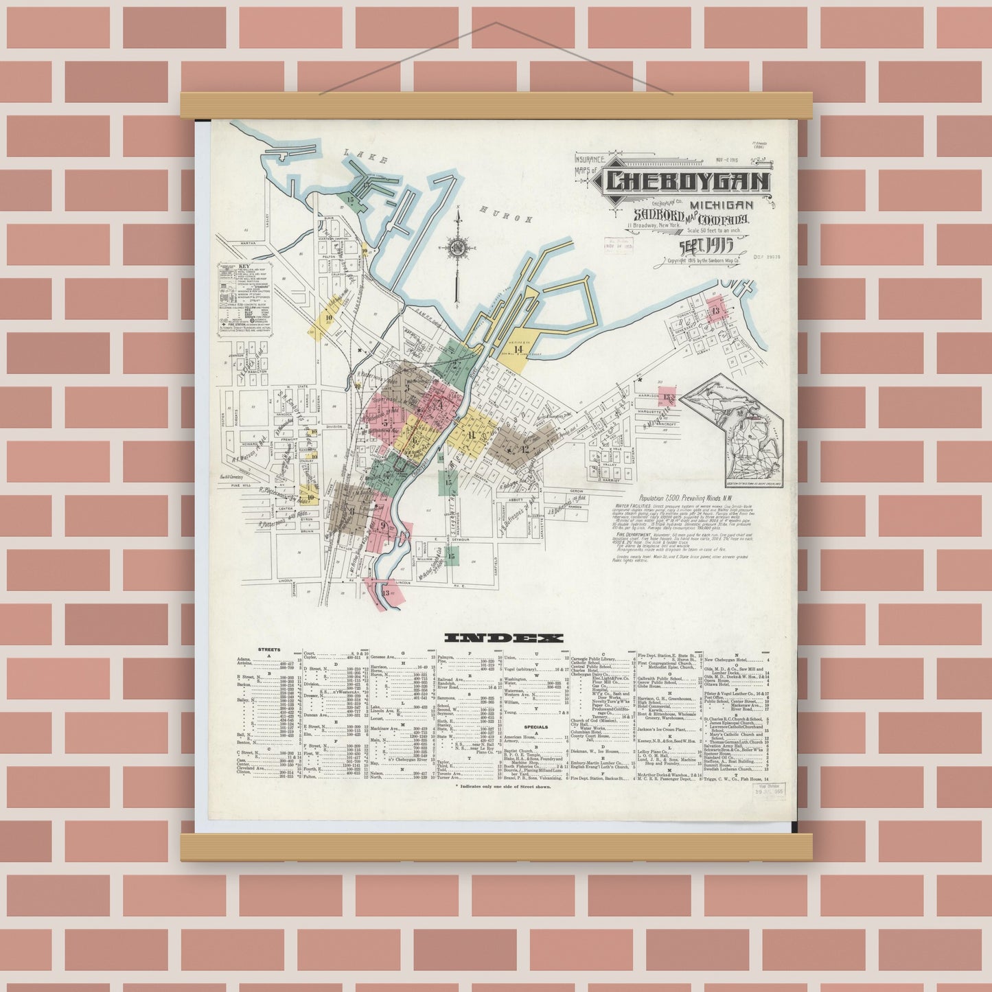 Old map wall art mockup — magnetic wood frame on brick wall — Sanborn Fire Insurance Map from Cheboygan, Cheboygan County, Michigan (1915) - Complete Map Set