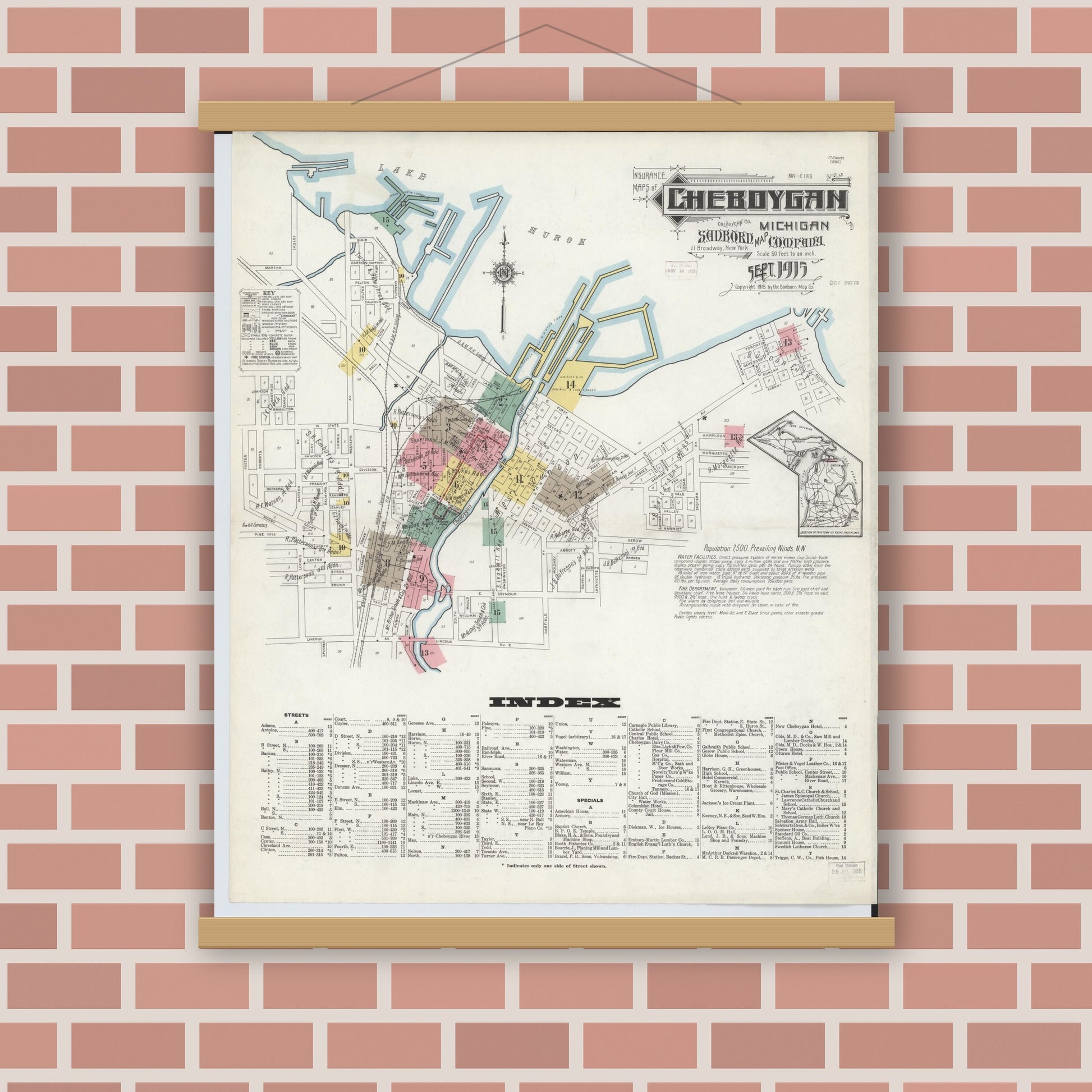 Old map wall art mockup — magnetic wood frame on brick wall — Sanborn Fire Insurance Map from Cheboygan, Cheboygan County, Michigan (1915) - Complete Map Set