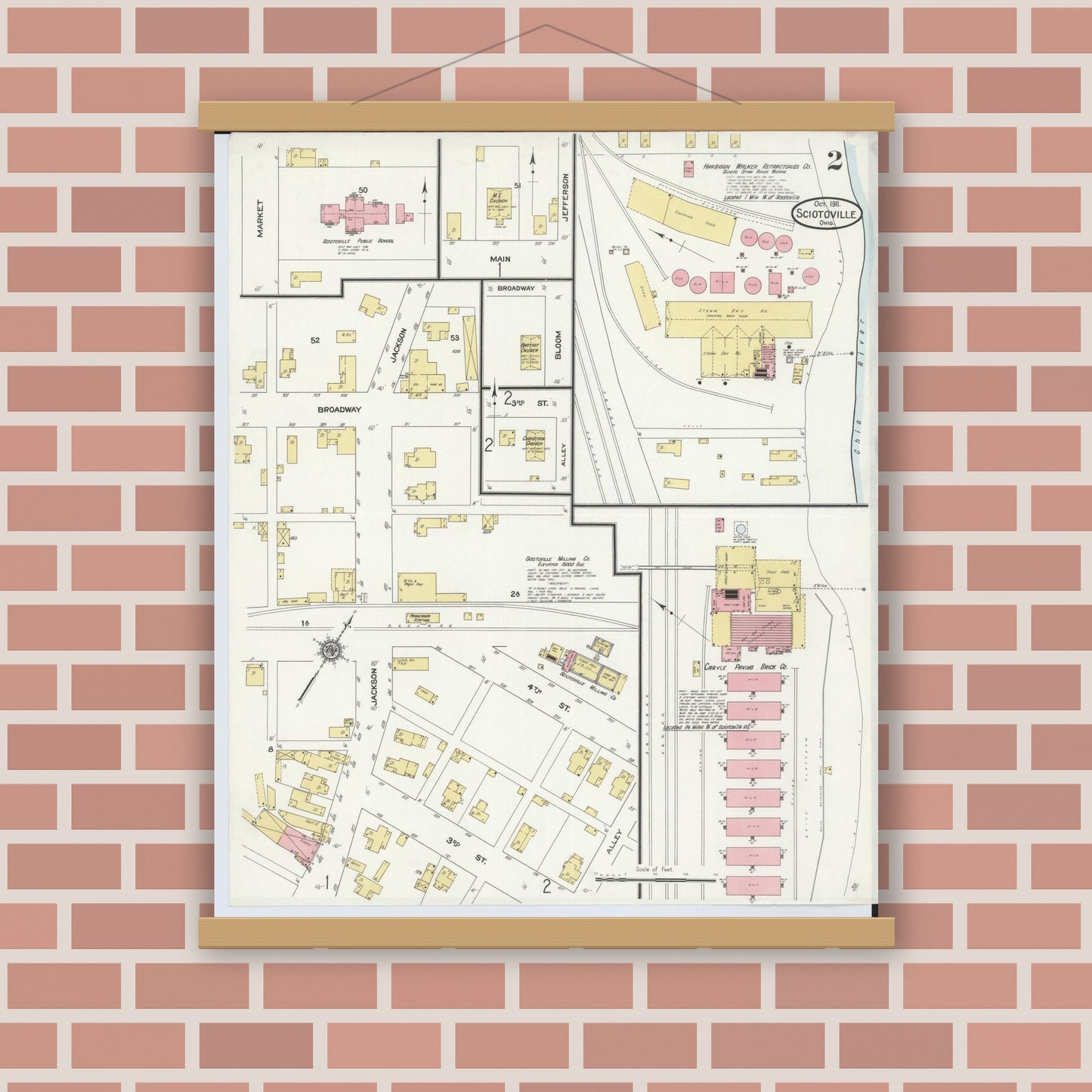 Old map wall art mockup — magnetic wood frame on brick wall — Sanborn Fire Insurance Map from Sciotoville, Scioto County, Ohio (1911), Sheet #0002
