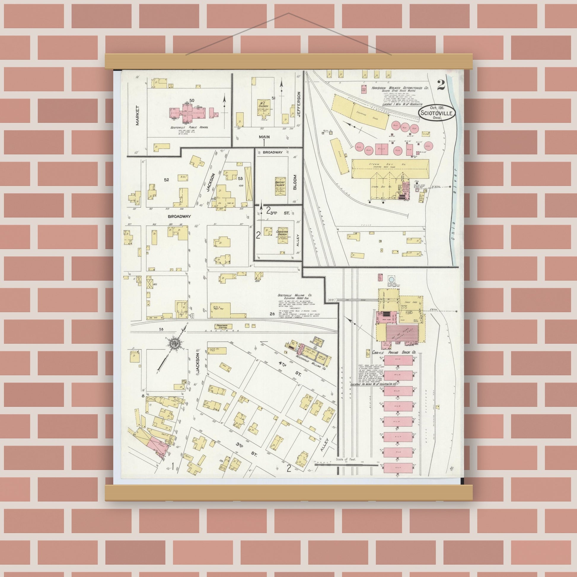 Old map wall art mockup — magnetic wood frame on brick wall — Sanborn Fire Insurance Map from Sciotoville, Scioto County, Ohio (1911), Sheet #0002