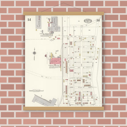 Old map wall art mockup — magnetic wood frame on brick wall — Sanborn Fire Insurance Map from Ambridge, Beaver County, Pennsylvania (1923), Sheet #0014